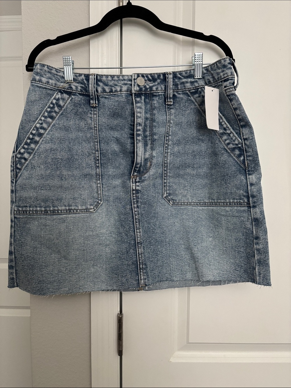 Light Blue Denim Mini Skirt with Front Patch Pockets